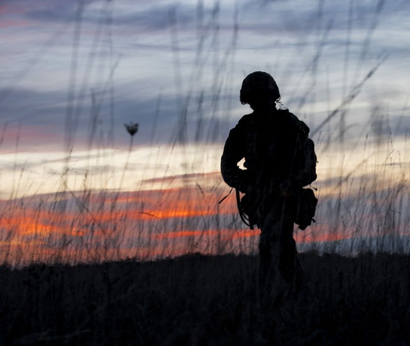 title image of a soldier walking through a field