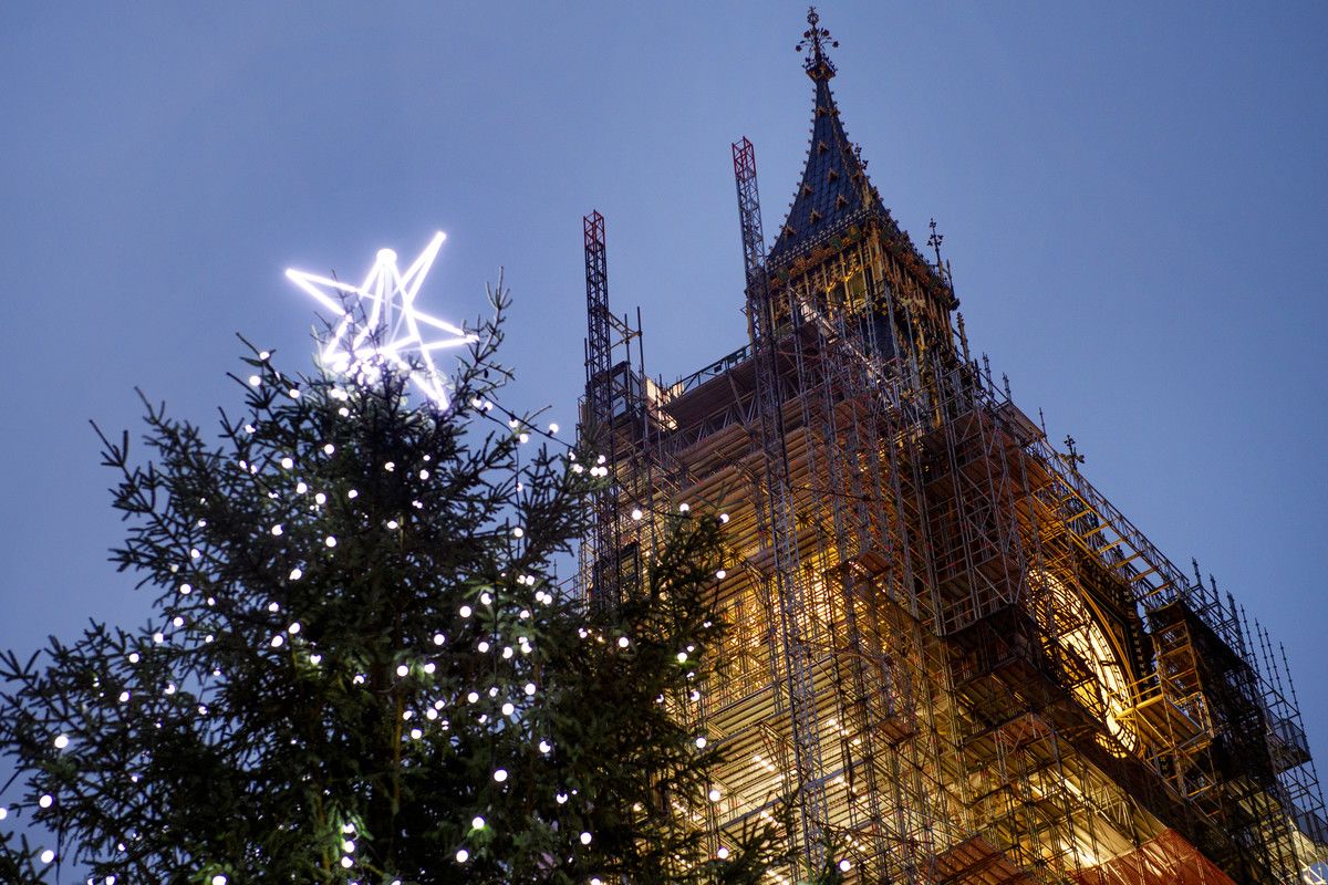 Close up image of the Christmas tree lit up at night