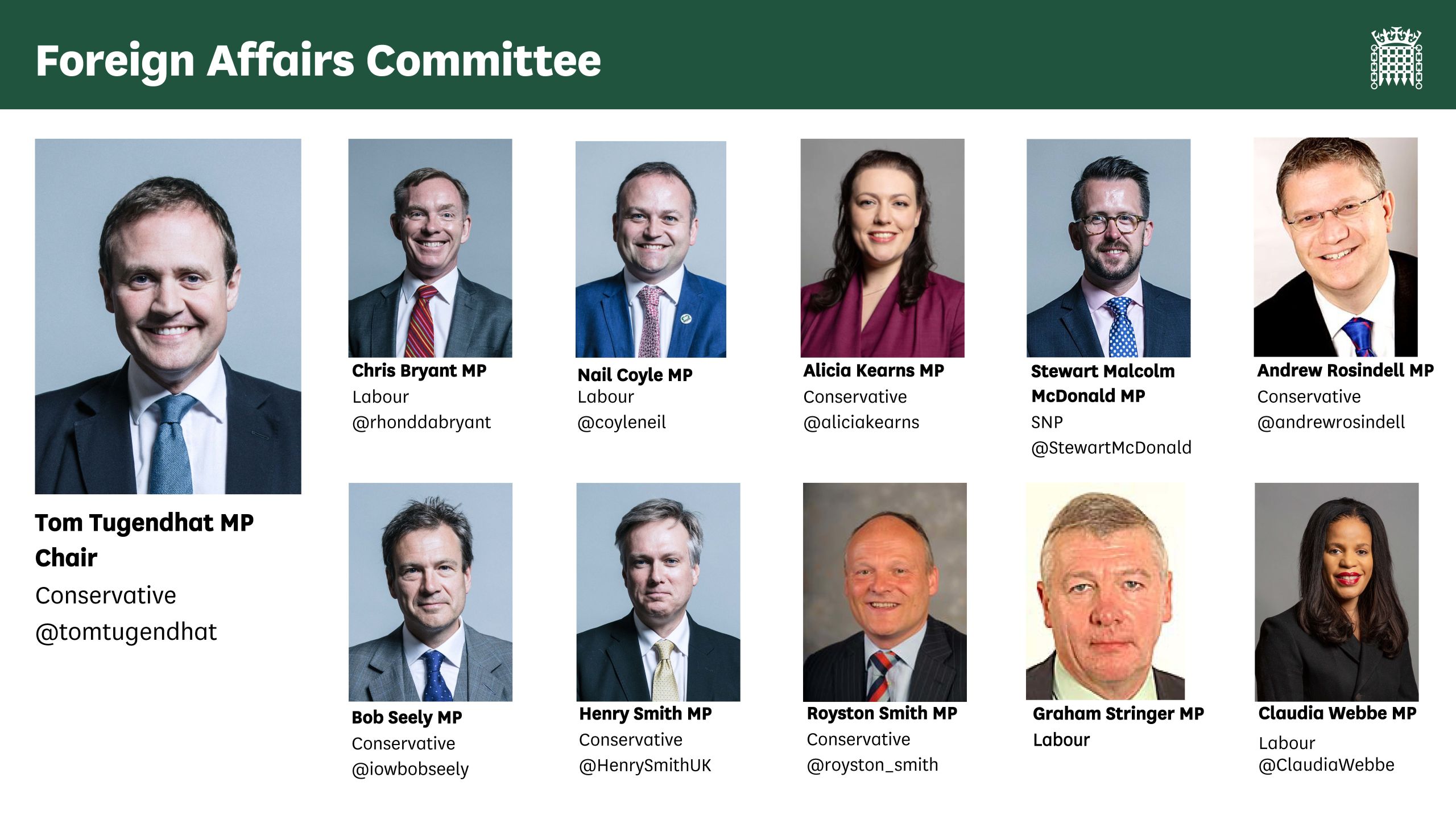 House of Commons Foreign Affairs Select Committee membership as of 16 October 2020. Link shows current select committee membership [link to relevant page on https://committees.parliament.uk/committee/78/foreign-affairs-committee/membership/