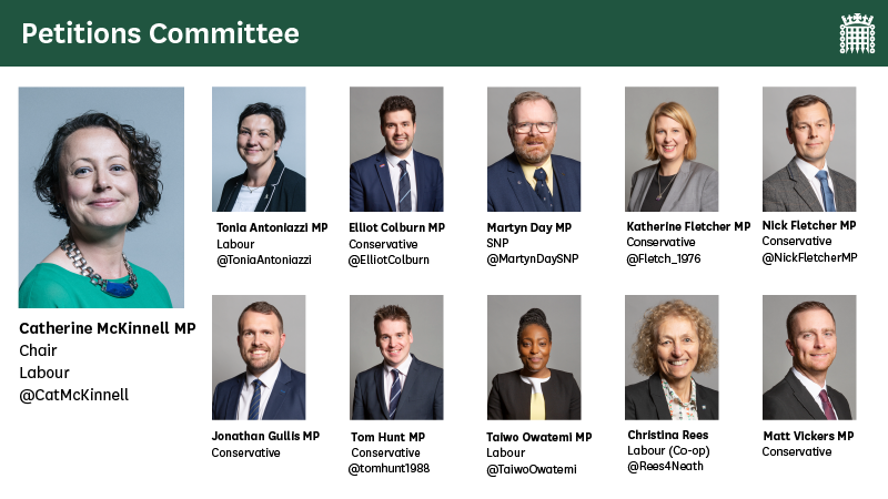 Petition committee membership as of 13 July 2021. Full details available via https://committees.parliament.uk/committee/326/petitions-committee/membership/