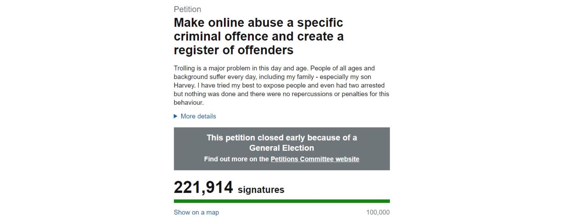 Screenshot of a page on the Petitions Committee website featuring a petition called 'Make online abuse a specific criminal offence and create a register of offenders' with 221,914 signatures.