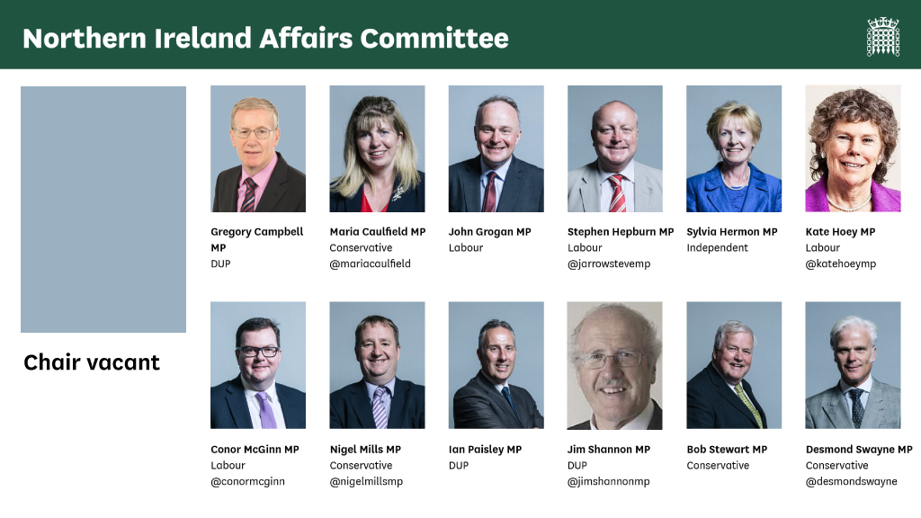 Members of the Northern Ireland Affairs Select Committee as of 2019. Link shows current select committee membership 